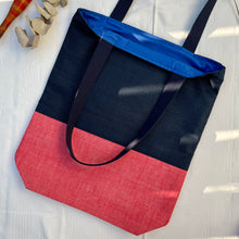 Load image into Gallery viewer, Tote bag. Vintage Japanese kimono fabric tote bag with a red bonded cotton denim bottom.
