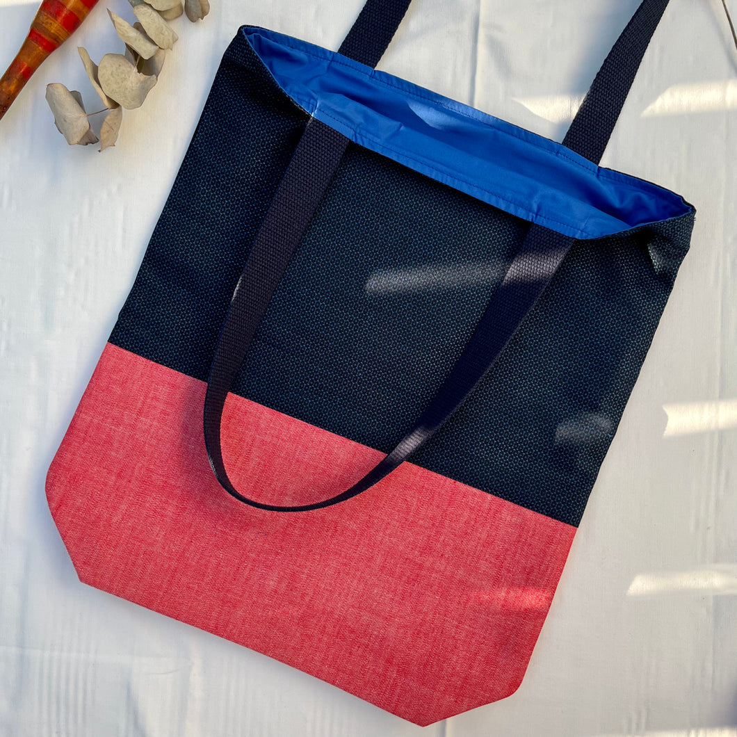Tote bag. Vintage Japanese kimono fabric tote bag with a red bonded cotton denim bottom.