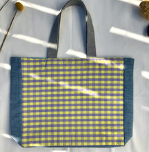 Load image into Gallery viewer, Pale mauve and yellow gingham handbag with light blue denim

