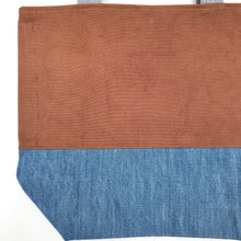 Load image into Gallery viewer, Handbag. Bag. Ex designer rust cotton canvas fabric and light blue denim handbag.
