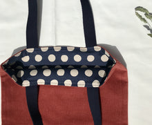 Load image into Gallery viewer, Tote bag. Rust corduroy and dark blue denim tote bag.
