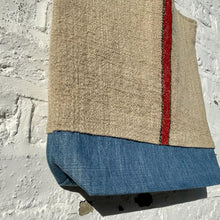Load image into Gallery viewer, Tote bag. Vintage grain sack tote bag. Vertical green and red stripes.
