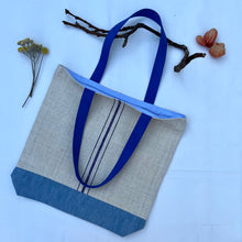 Load image into Gallery viewer, Tote bag. Vintage grain sack tote bag. Handwoven. Vertical blue stripes. Blue denim.
