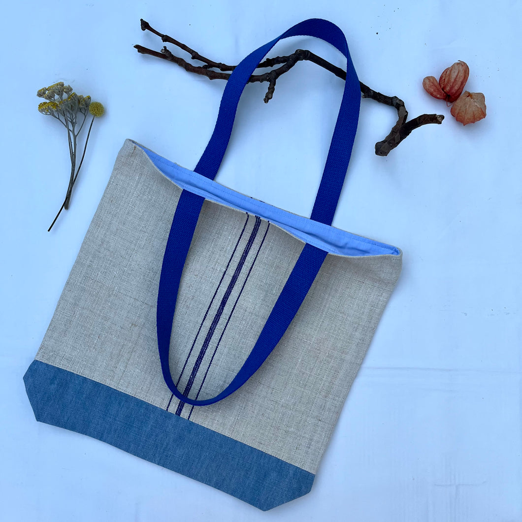 Tote bag. Vintage grain sack tote bag. Handwoven. Vertical blue stripes. Blue denim.