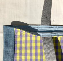 Load image into Gallery viewer, Pale mauve and yellow gingham handbag with light blue denim
