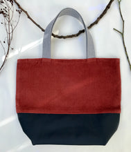 Load image into Gallery viewer, Handbag. Bag. Rust corduroy and navy blue leather bag.
