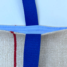 Load image into Gallery viewer, Tote bag. Vintage grain sack tote bag. Handwoven. Vertical red stripes (linen). Dark blue denim.

