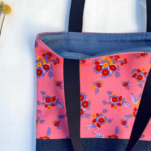 Load image into Gallery viewer, Tote bag. Beautiful flower cotton canvas  with blue bonded denim bottom.
