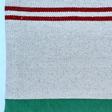 Load image into Gallery viewer, Tote bag. Heavyweight natural woven canvas with two horizontal dark red stripes. Green cotton canvas.
