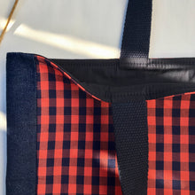 Load image into Gallery viewer, Orange and navy blue gingham handbag with blue denim
