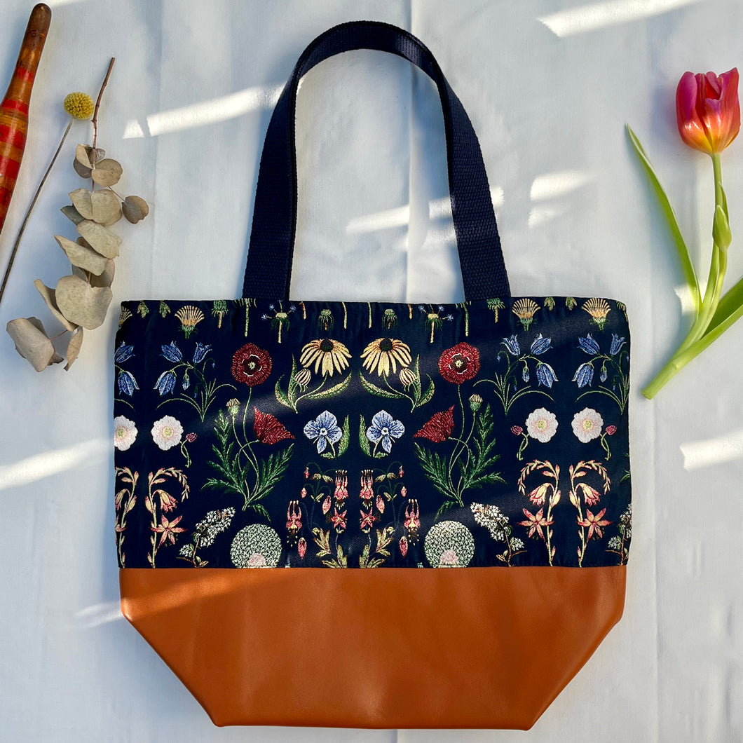 Handbag. Bag. Ex designer floral jacquard fabric and brown leather handbag.