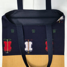 Load image into Gallery viewer, Tote bag. Vintage Japanese kimono fabric with a yellow mustard denim bottom.

