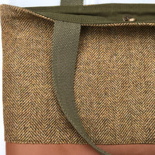 Load image into Gallery viewer, Handbag. Bag. English wool herringbone and camel brown leather handbag.
