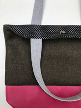 Load image into Gallery viewer, Handbag. Bag. Ex-designer olive green wool fabric and soft fuchsia leather handbag.
