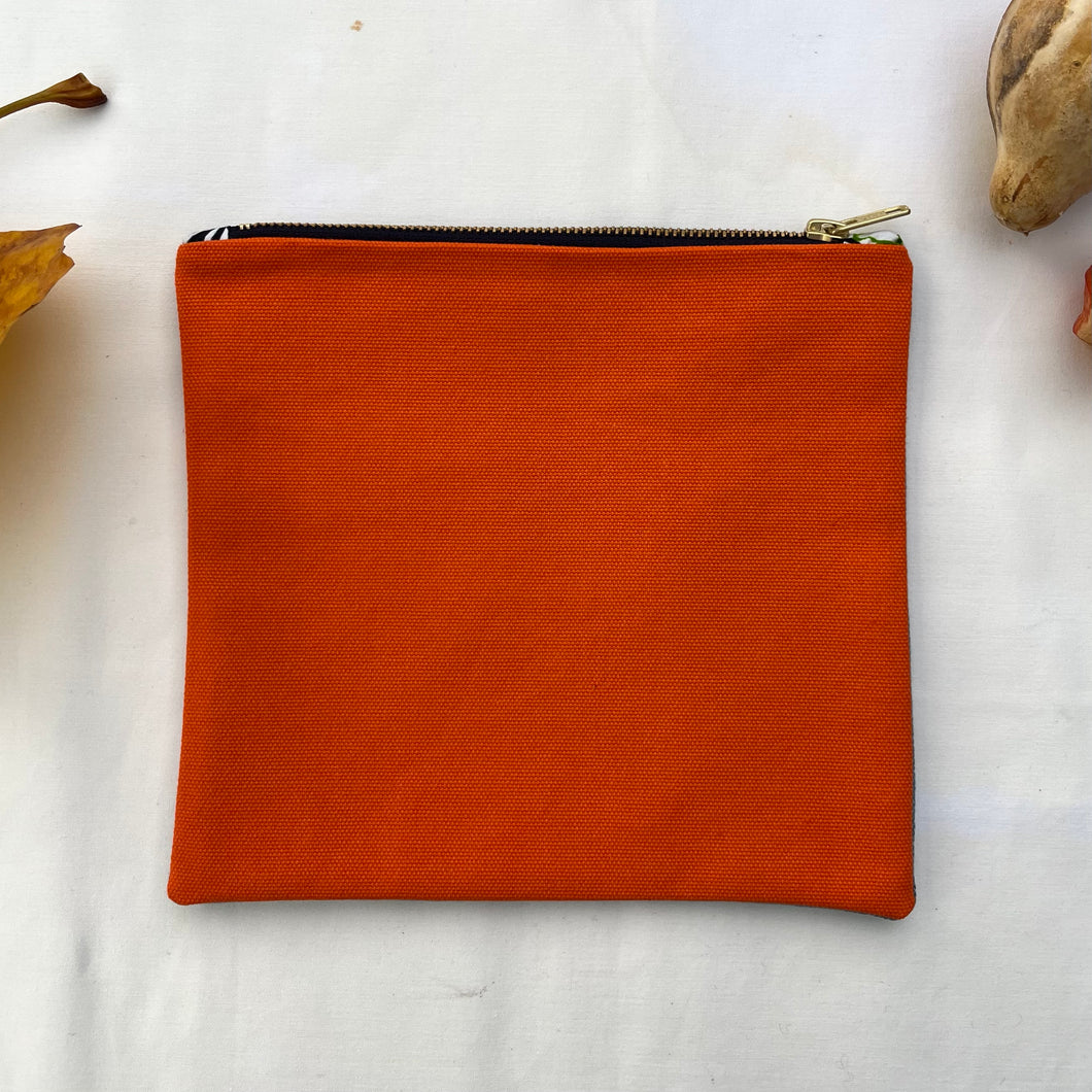 Orange cotton canvas and light blue denim pouch. 2-fabric pouch with YKK zip. Zippered purse. Zippered pouch.