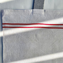 Load image into Gallery viewer, Tote bag. Vintage red striped linen tea towel tote with a light blue denim bottom.
