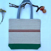 Load image into Gallery viewer, Tote bag. Heavyweight natural woven canvas with two horizontal dark red stripes. Green cotton canvas.
