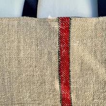 Load image into Gallery viewer, Tote bag. Vintage grain sack tote bag. Vertical green and red stripes.

