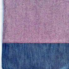 Load image into Gallery viewer, Tote bag. Pale mauve Herringbone pattern wool with a blue cotton denim bottom.
