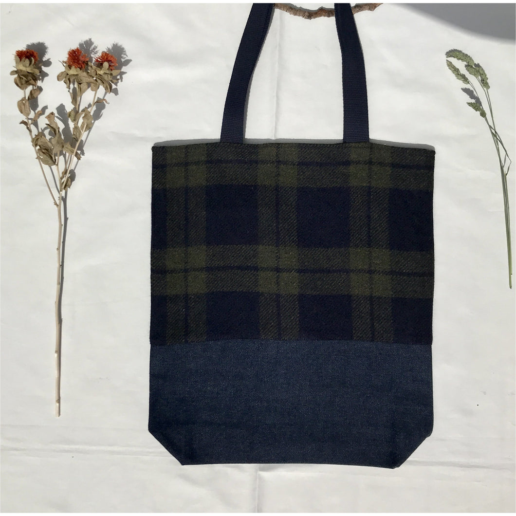 Tote bag. Navy blue and green tweed check design and dark blue denim tote.