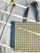 Load image into Gallery viewer, Pale mauve and yellow gingham handbag with light blue denim
