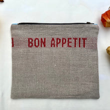Load image into Gallery viewer, &quot;Bon appetit&quot; French linen and light blue denim fabric pouch.  Zippered purse. Zippered pouch. YKK metal zipper.
