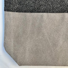 Load image into Gallery viewer, Tote bag. Grey Herringbone pattern wool with a grey washed cotton canvas bottom.
