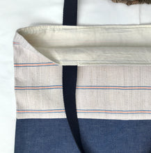 Load image into Gallery viewer, Tote bag. Vintage Hmong hemp fabric from Thailand with neon pink and blue denim stripes and a blue denim bottom.
