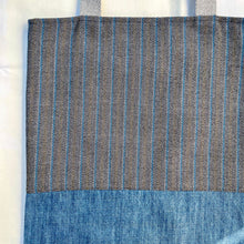 Load image into Gallery viewer, Tote bag. Luxurious blue and yellow striped wool with a blue cotton denim bottom.
