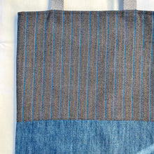 Load image into Gallery viewer, Tote bag. Striped blue and yellow wool with a blue cotton denim bottom.
