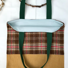 Load image into Gallery viewer, Tote bag. Beautiful check wool with a mustard yellow denim bottom.
