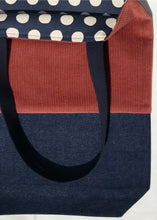 Load image into Gallery viewer, Tote bag. Rust corduroy and dark blue denim tote bag.
