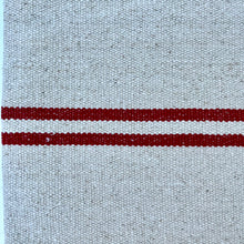 Load image into Gallery viewer, Tote bag. Heavyweight natural woven canvas with two horizontal dark red stripes. Green cotton canvas.
