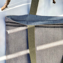 Load image into Gallery viewer, One of a kind bag. Tote Bag. French linen fabric with a dark blue denim bottom.
