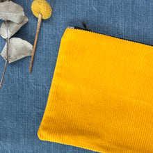 Load image into Gallery viewer, Canary yellow cotton corduroy and light blue cotton denim pouch. 2-fabric pouch with YKK zip. Zippered purse. Zippered pouch.
