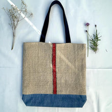 Load image into Gallery viewer, Tote bag. Vintage grain sack tote bag. Vertical green and red stripes.
