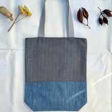 Load image into Gallery viewer, Tote bag. Striped blue and yellow wool with a blue cotton denim bottom.
