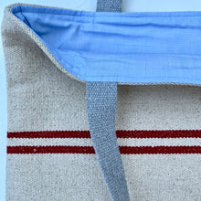 Load image into Gallery viewer, Tote bag. Heavyweight natural woven canvas with two horizontal dark red stripes. Green cotton canvas.
