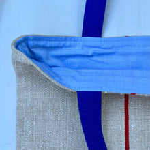 Load image into Gallery viewer, Tote bag. Vintage grain sack tote bag. Handwoven. Vertical red stripes (linen). Dark blue denim.
