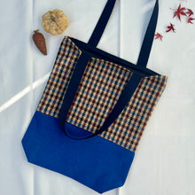Load image into Gallery viewer, Tote bag. Ex designer check wool fabric tote bag with a royal blue cotton denim bottom.

