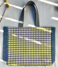 Load image into Gallery viewer, Pale mauve and yellow gingham handbag with light blue denim
