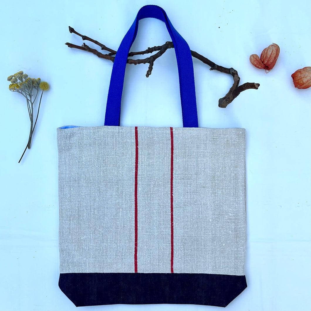 Tote bag. Vintage grain sack tote bag. Handwoven. Vertical red stripes (linen). Dark blue denim.