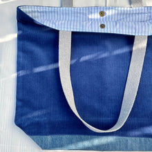 Load image into Gallery viewer, XL Tote bag. Blue cobalt corduroy and blue cotton denim tote bag.
