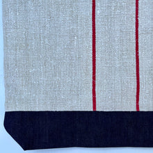 Load image into Gallery viewer, Tote bag. Vintage grain sack tote bag. Handwoven. Vertical red stripes (linen). Dark blue denim.
