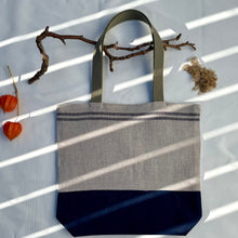 Load image into Gallery viewer, One of a kind bag. Tote Bag. French linen fabric with a dark blue denim bottom.
