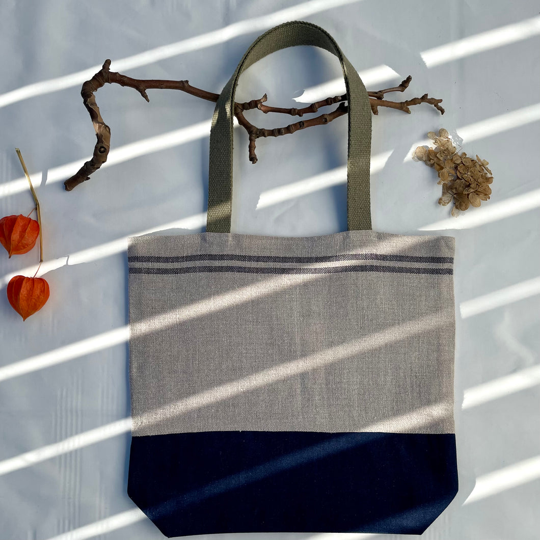 One of a kind bag. Tote Bag. French linen fabric with a dark blue denim bottom.