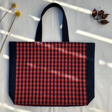 Load image into Gallery viewer, Orange and navy blue gingham handbag with blue denim
