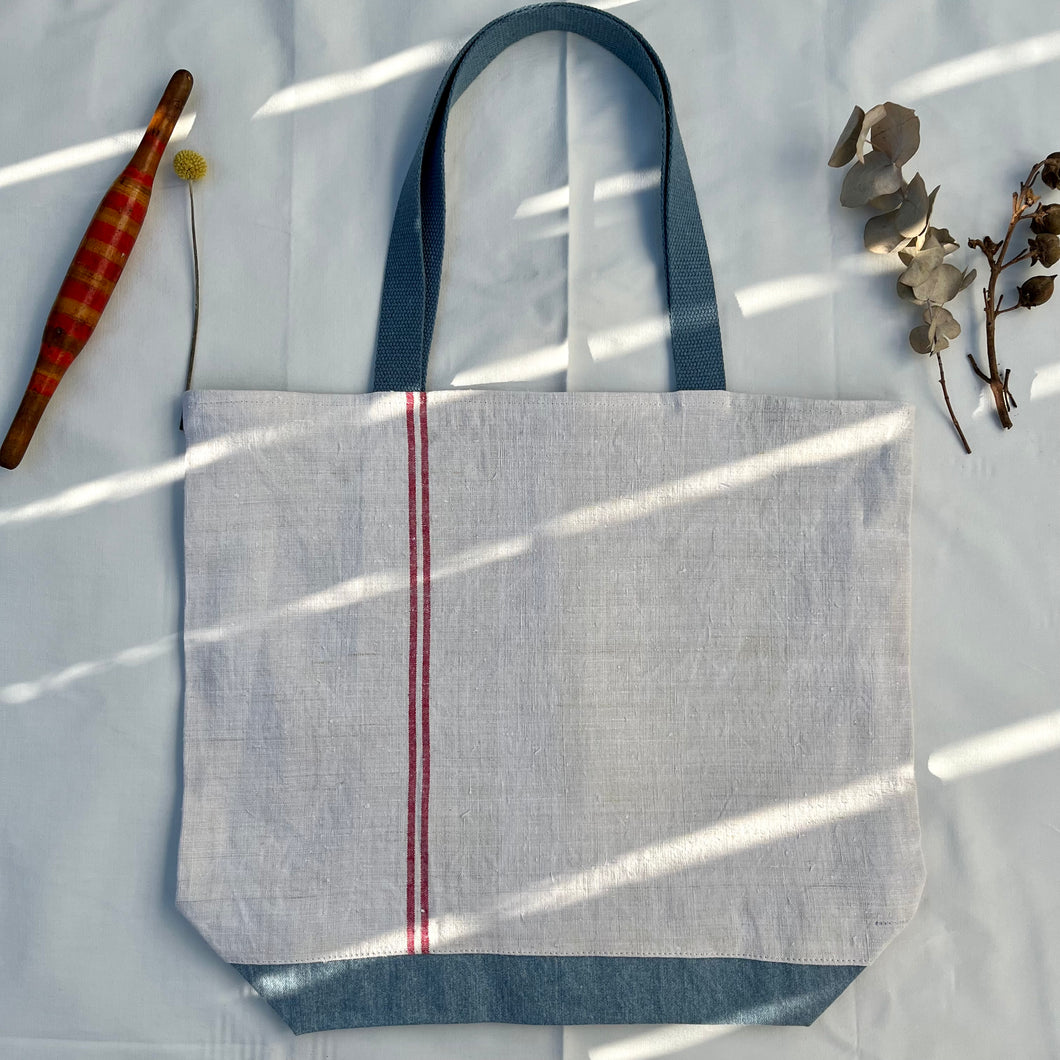 Tote Bag. Vintage French linen fabric with a light blue denim bottom.