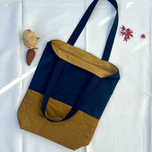 Load image into Gallery viewer, Tote bag. Vintage Japanese kimono fabric with a golden yellow woven quilt bottom.
