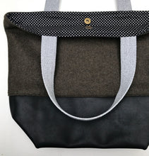 Load image into Gallery viewer, Handbag. Bag. Ex-designer olive green wool fabric and soft black leather handbag.
